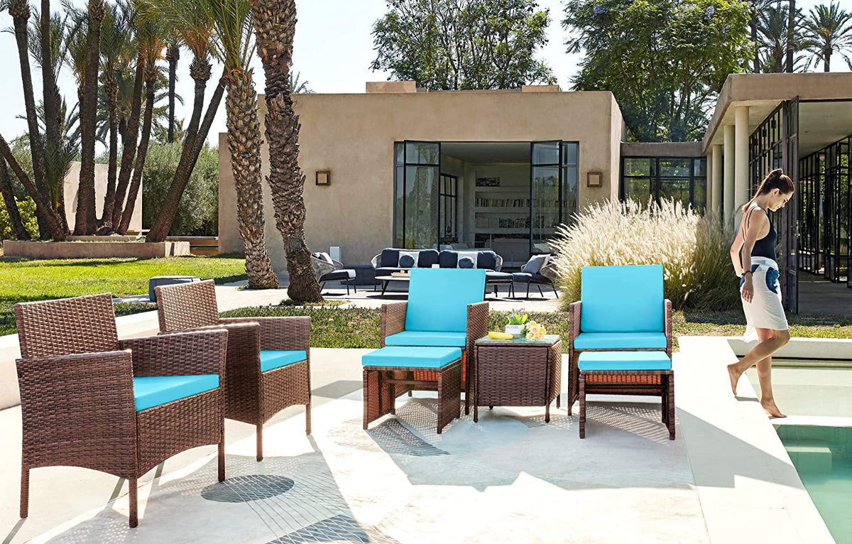 7 Pieces Patio Furniture Set Cushioned Wicker Chairs with Ottoman and Glass Table E815941