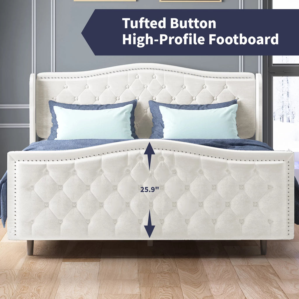 King Size Bright White Button Tufted Velvet Upholstered Platform Bed Frame C8757