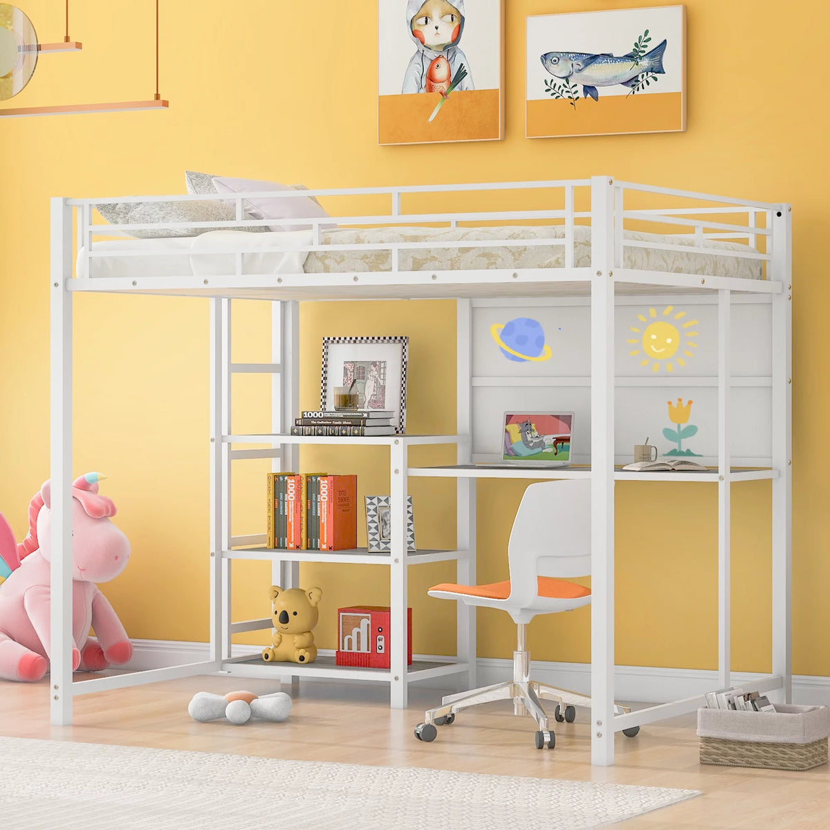 Full Size White Metal Loft Bed with Desk and Shelves V47088