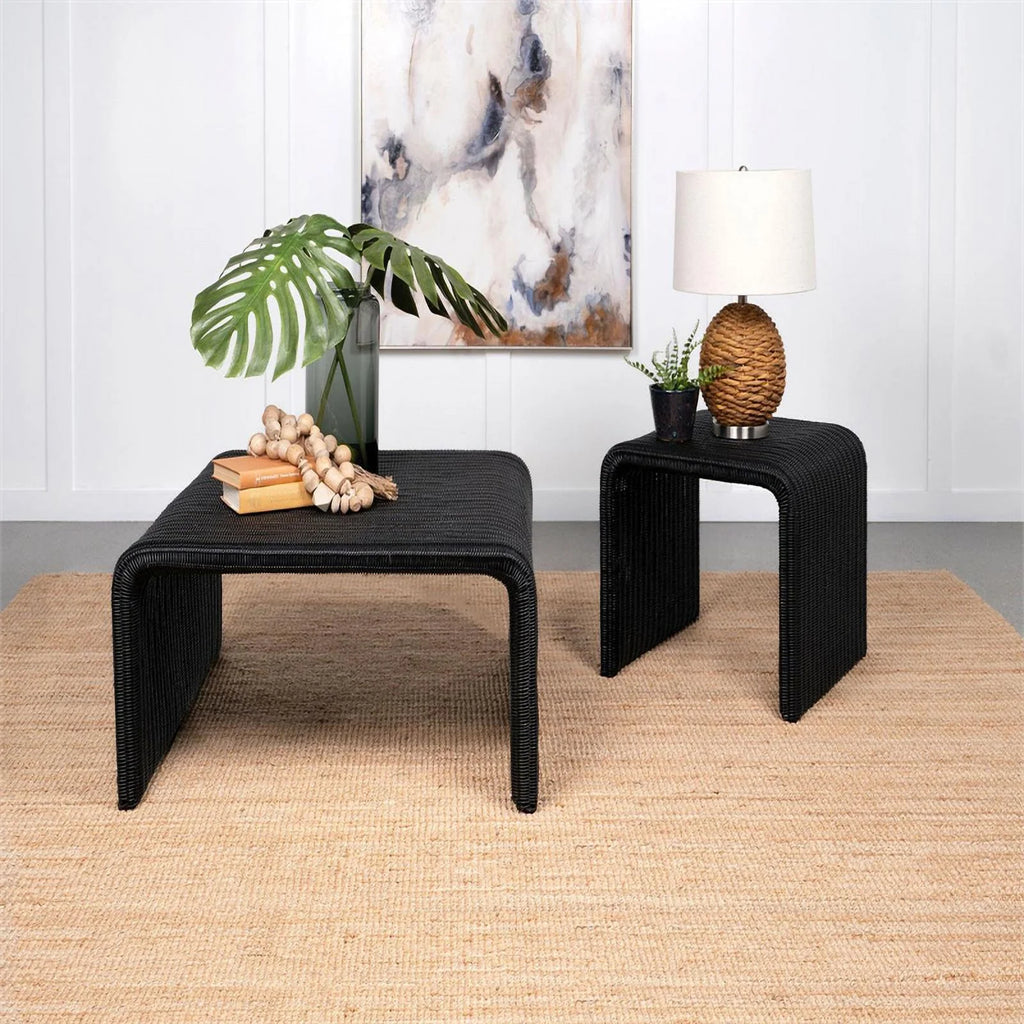 Black Woven Rattan Square End Table H273342