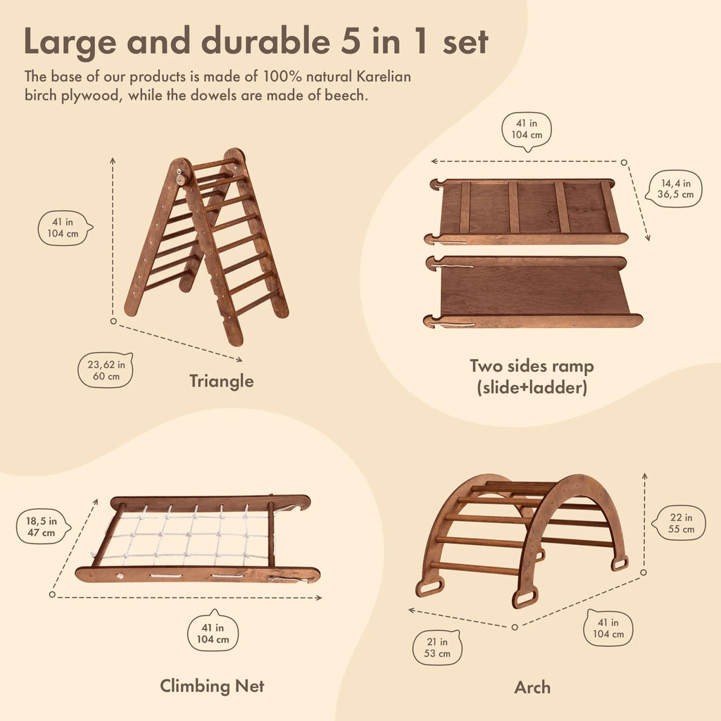 4-in-1 Wooden Foldable Indoor Playground with Climbing Arch Slide Board and Net A14204