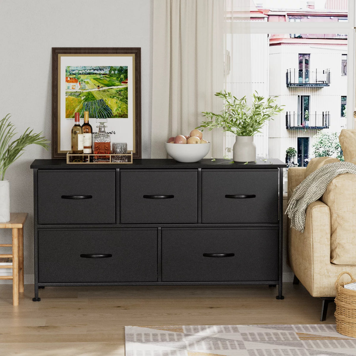 Black 5 Drawer Fabric Dresser H6347