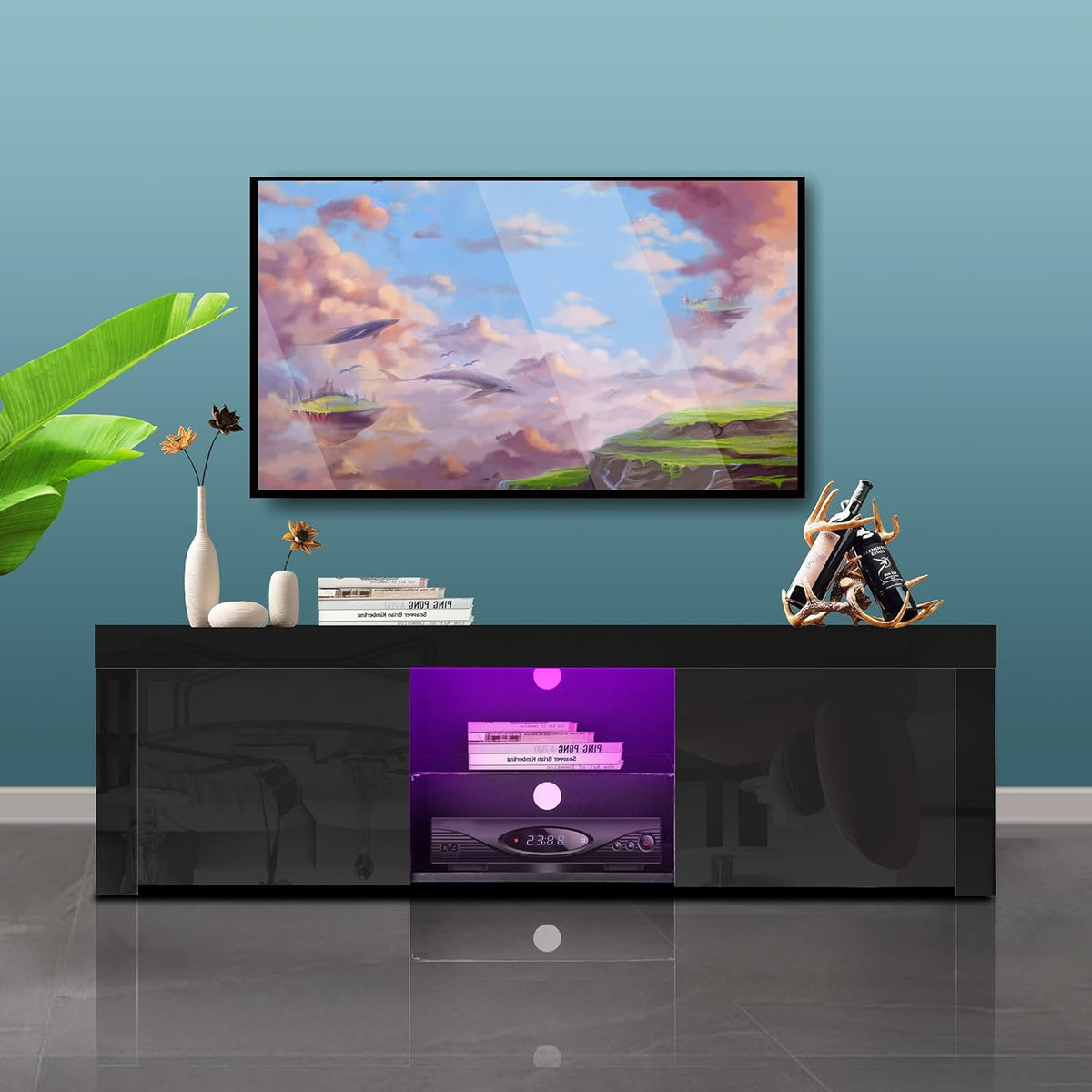 Black High Gloss TV Stand with 16 LED Lights and 2 Drawers P4658