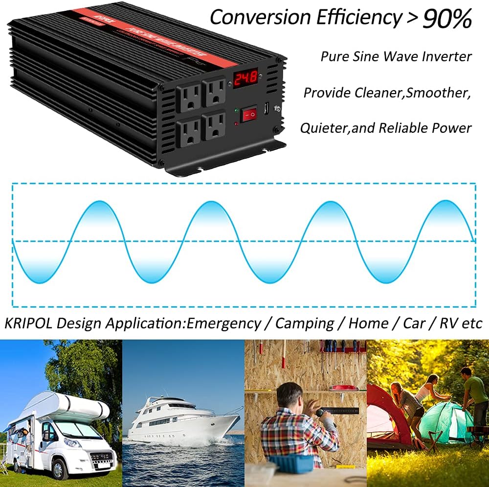 3000 Watt Pure Sine Wave Inverter 12V DC to 110V/120V AC with 4 AC Outlets & USB J6068