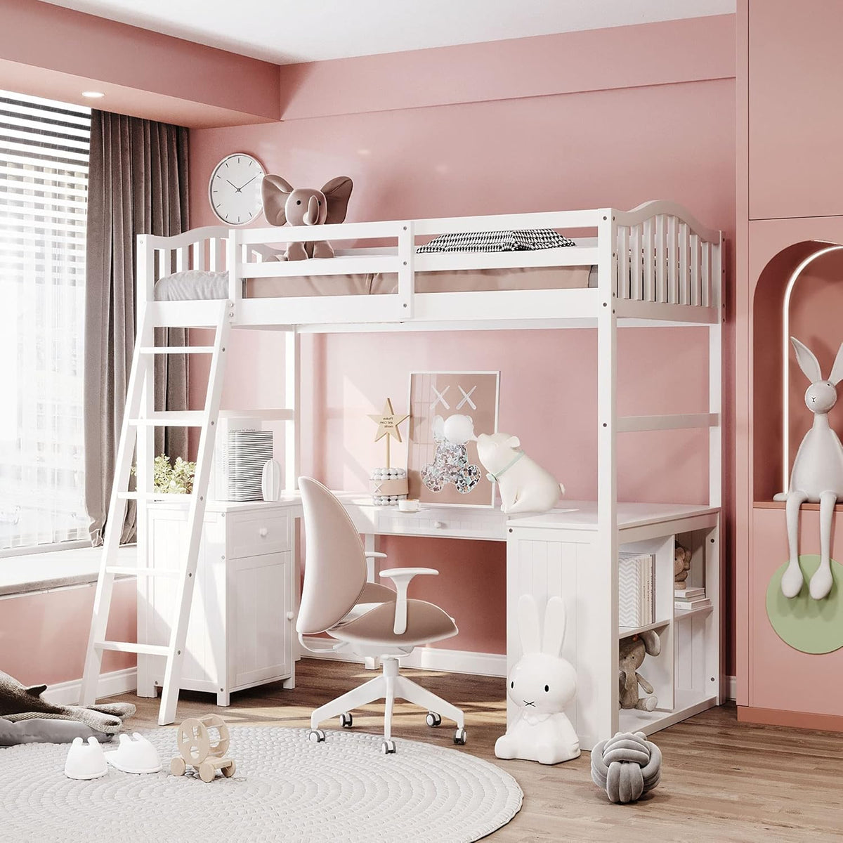 Twin Size Solid Wood Loft Bed with Desk and Storage Shelves N70158