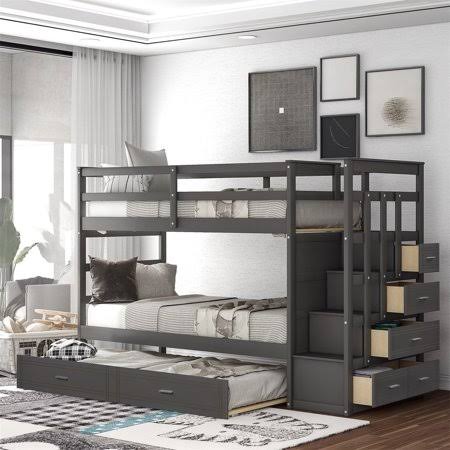Wood Twin Over Twin Bunk Bed with Trundle and Staircase L431902