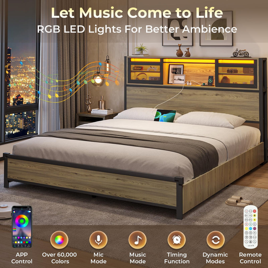 Queen Size Metal Platform Bed Frame with Storage Headboard G440
