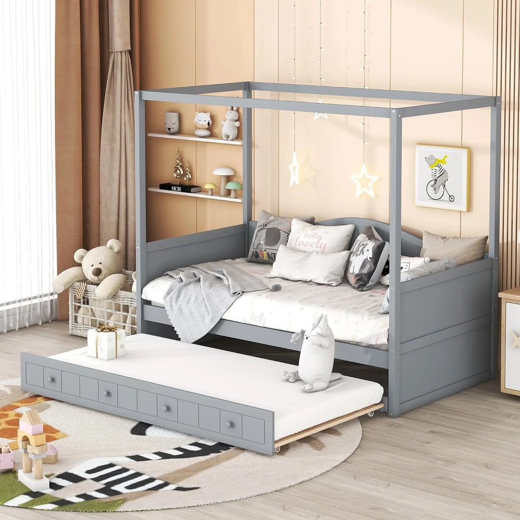 Gray Wooden Canopy Bed with Trundle R8337