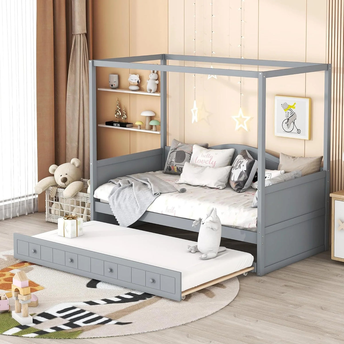 Gray Wooden Canopy Bed with Trundle R8337