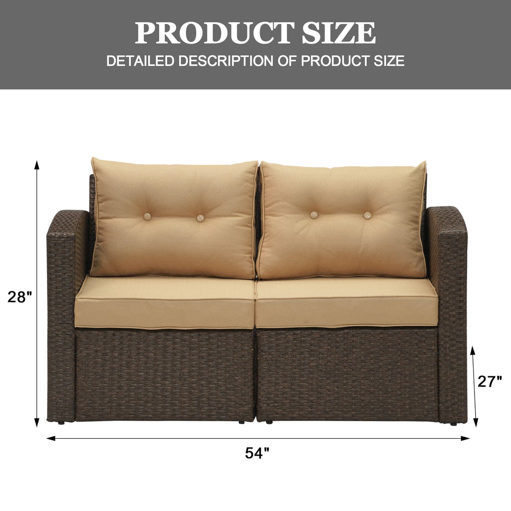 Brown Wicker Rattan Corner Sofa with Beige Cushions E332