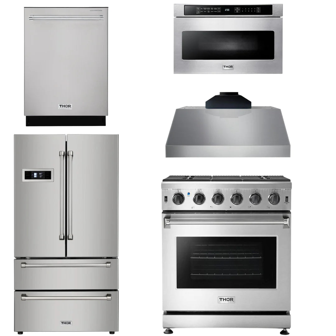 30 Propane Gas Range, Range Hood, Microwave, Refrigerator, Dishwasher A43186