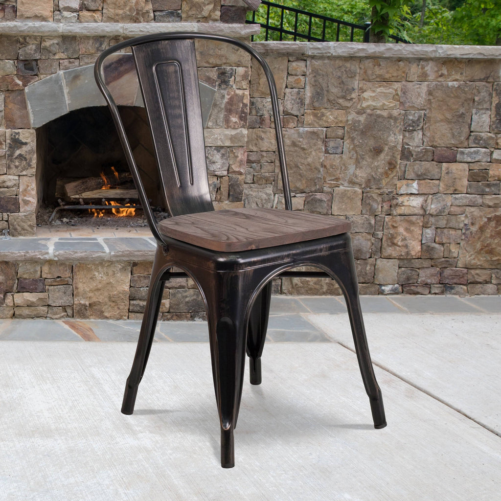 Black Metal Stackable Chair with Wood Seat T69573