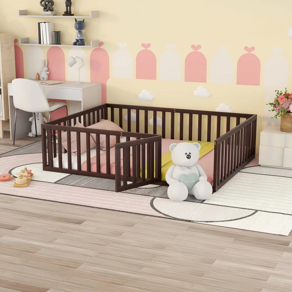 Queen Size Solid Wood Floor Bed Frame with Fence Rail and Door O5274