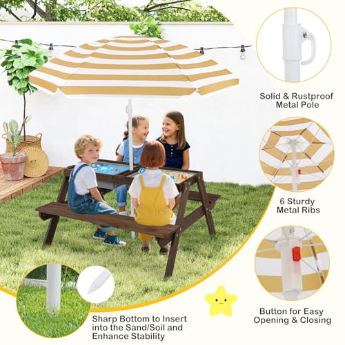 Kids Wooden Picnic Table and Chair Set with Umbrella F922