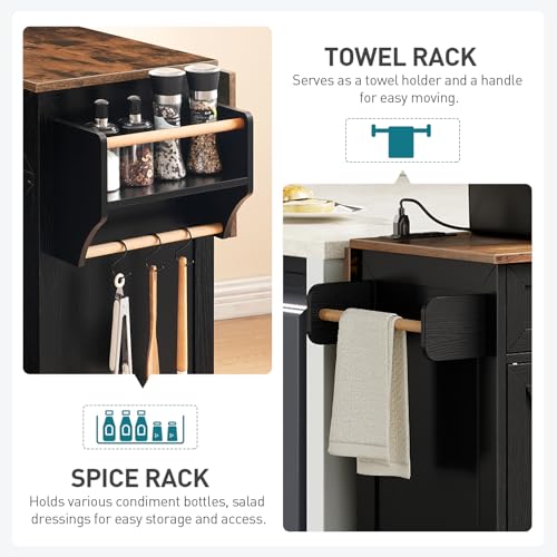 White and Walnut Kitchen Island with Drop Leaf, Charging Station, 3 Drawers and Storage W250