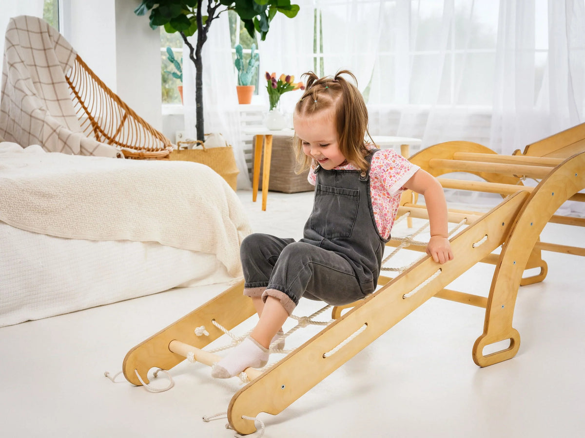 4-in-1 Wooden Foldable Indoor Playground with Climbing Arch Slide Board and Net A14204