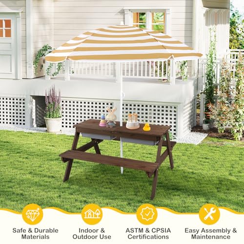 Kids Wooden Picnic Table and Chair Set with Umbrella F922