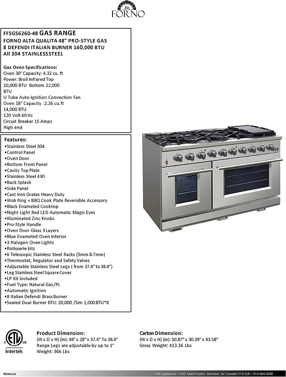 48-inch 8-Gas Burner Freestanding Range with Dual Oven in Stainless Steel Y875180