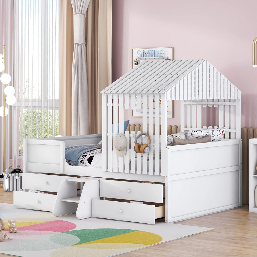 Full Size Low Loft Bed with Roof and Drawers, White G728264