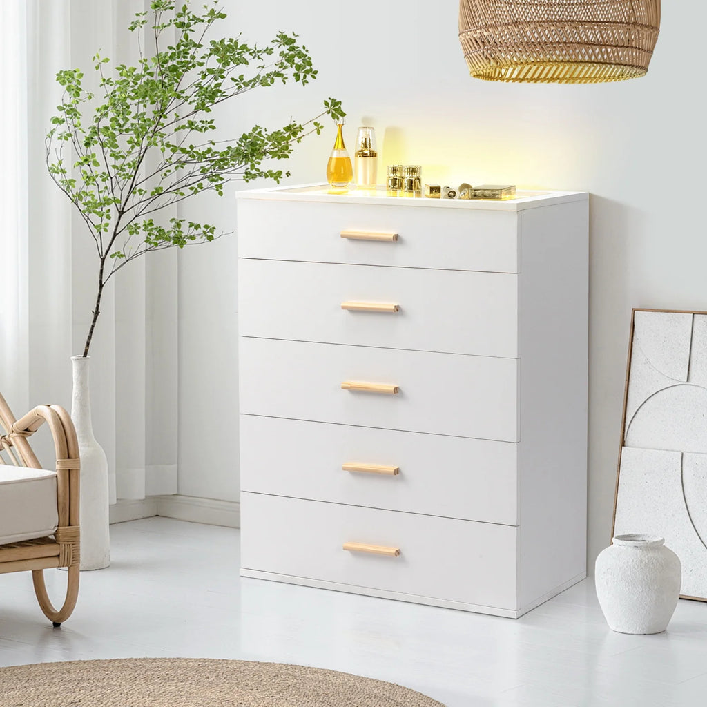 Black 5 Drawer Wood Dresser with Tempered Glass Top F753