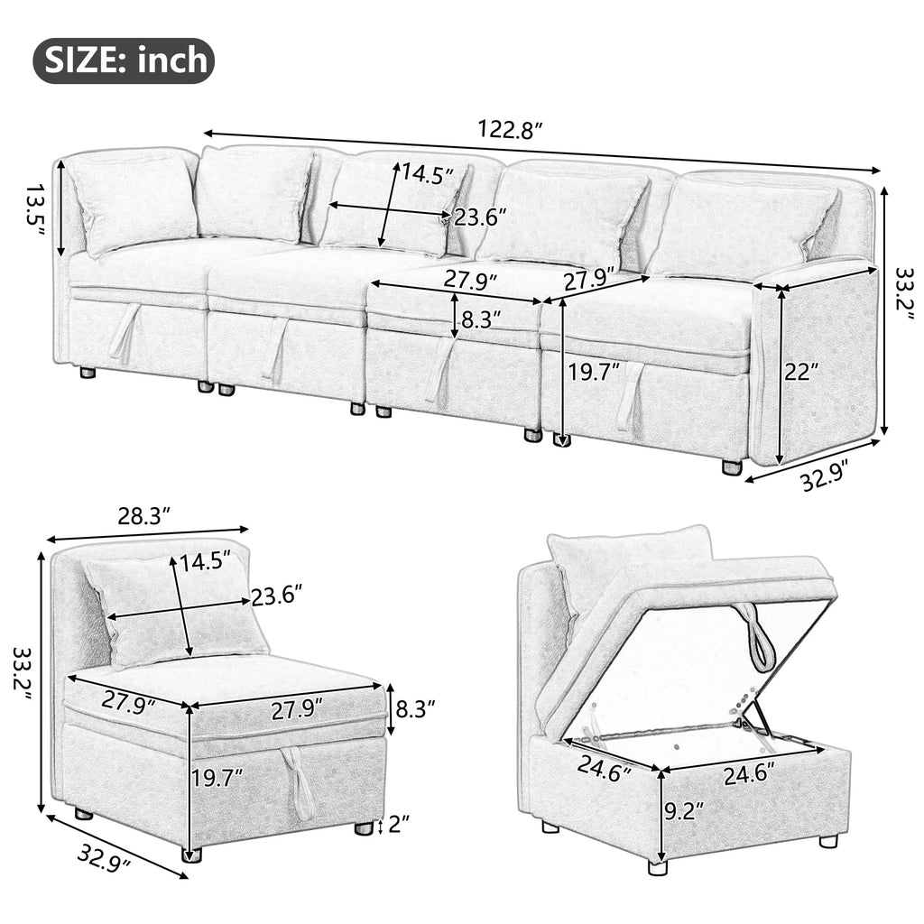Gray Chenille Fabric 4 Seater Sectional Sofa with 5 Pillows K46333