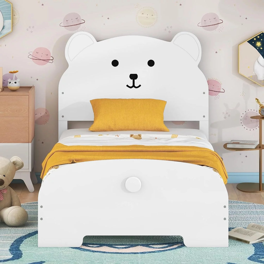 Kids Wood Platform Bed with Bear-Shaped Headboard and Footboard D711807