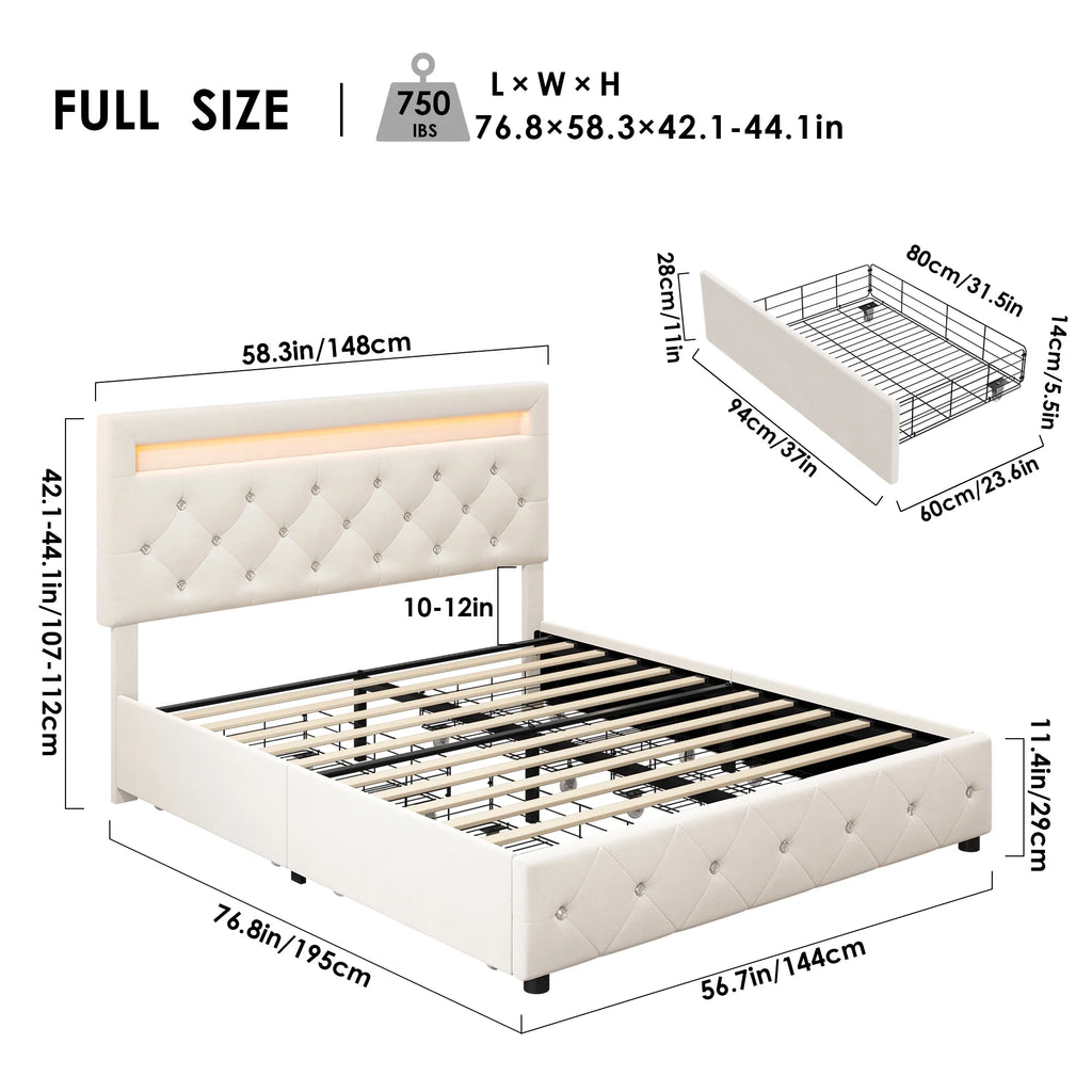 Full LED Bed Frame with 4 Storage Drawer Z956