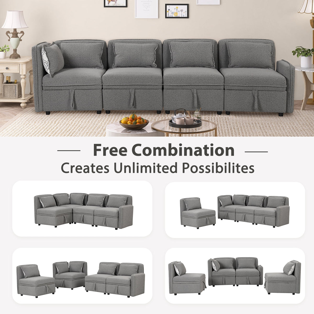 Gray Chenille Fabric 4 Seater Sectional Sofa with 5 Pillows K46333