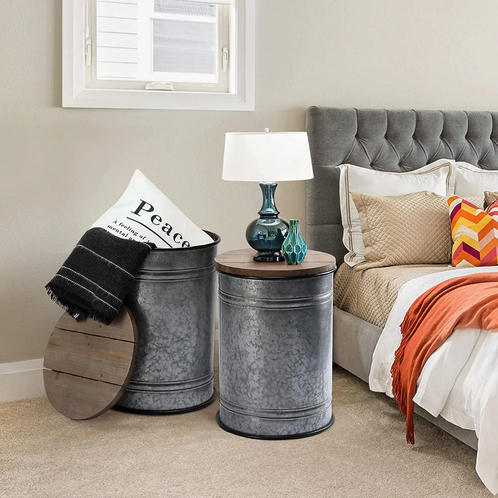 Galvanized Metal Side Table with Wood Lid Z492