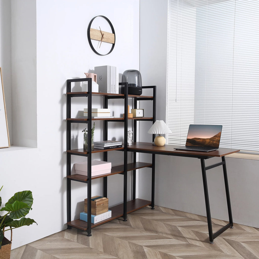 Black Walnut L-Shaped Computer Desk with Display Shelves L6050