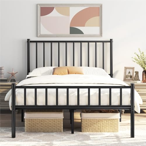14 Inch Full Size Metal Platform Bed Frame with Spindle Headboard and Footboard, Black L754899