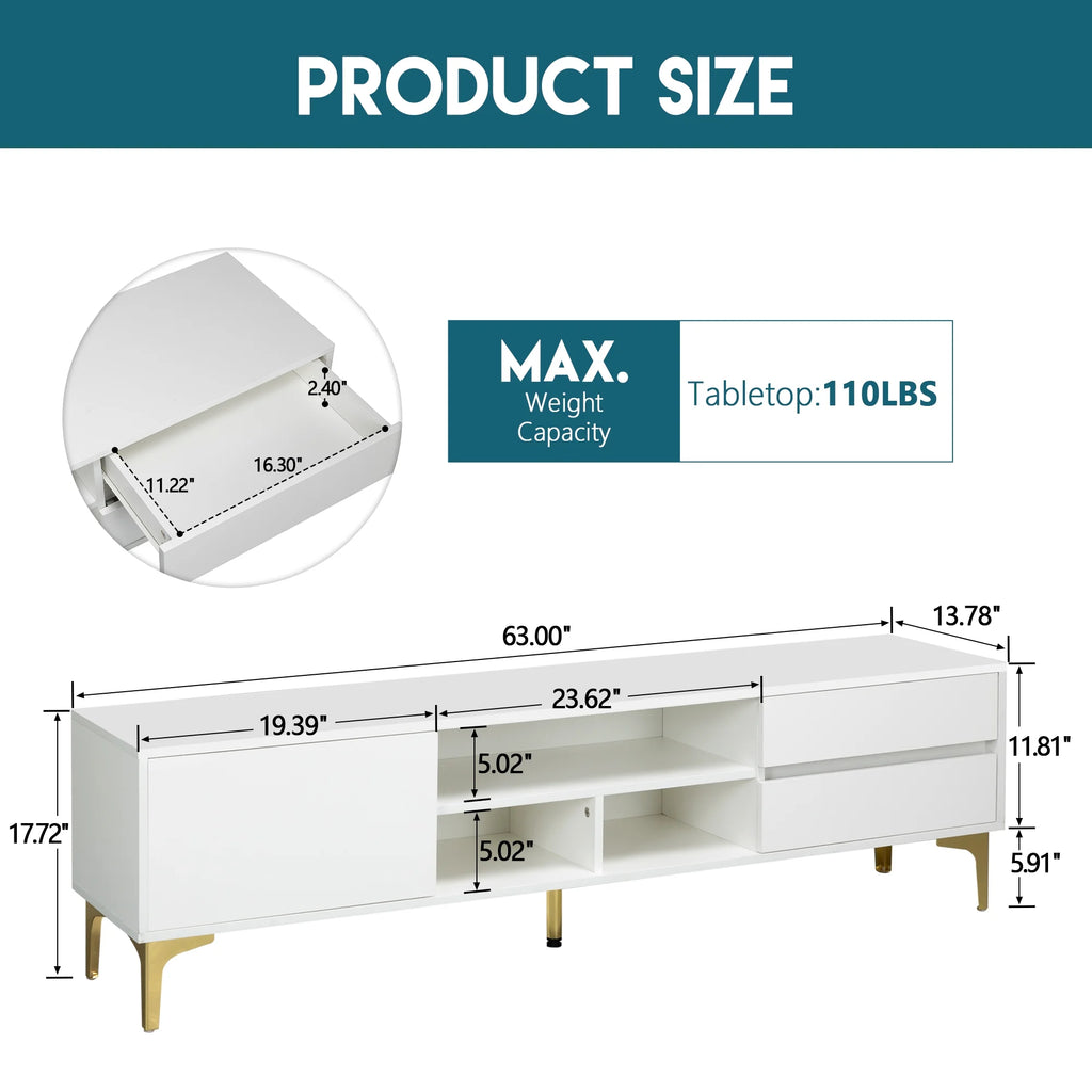 White TV Stand with LED Lights and Gold Metal Legs H883