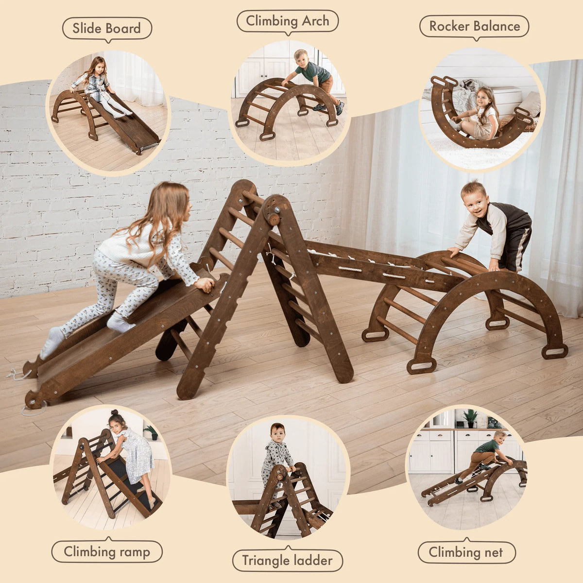 4-in-1 Wooden Foldable Indoor Playground with Climbing Arch Slide Board and Net A14204