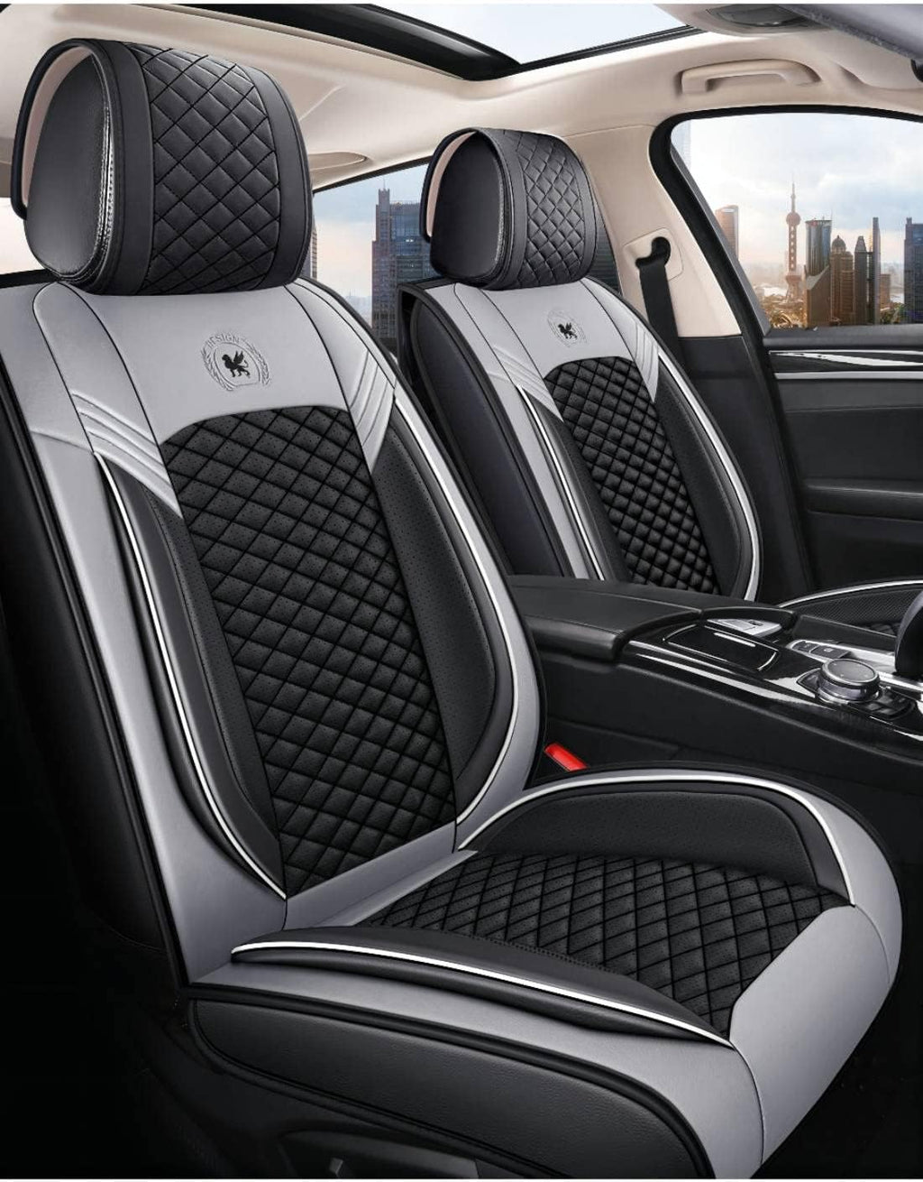 Leather Car Seat Covers 5 Seats Full Set Black-Grey V4909