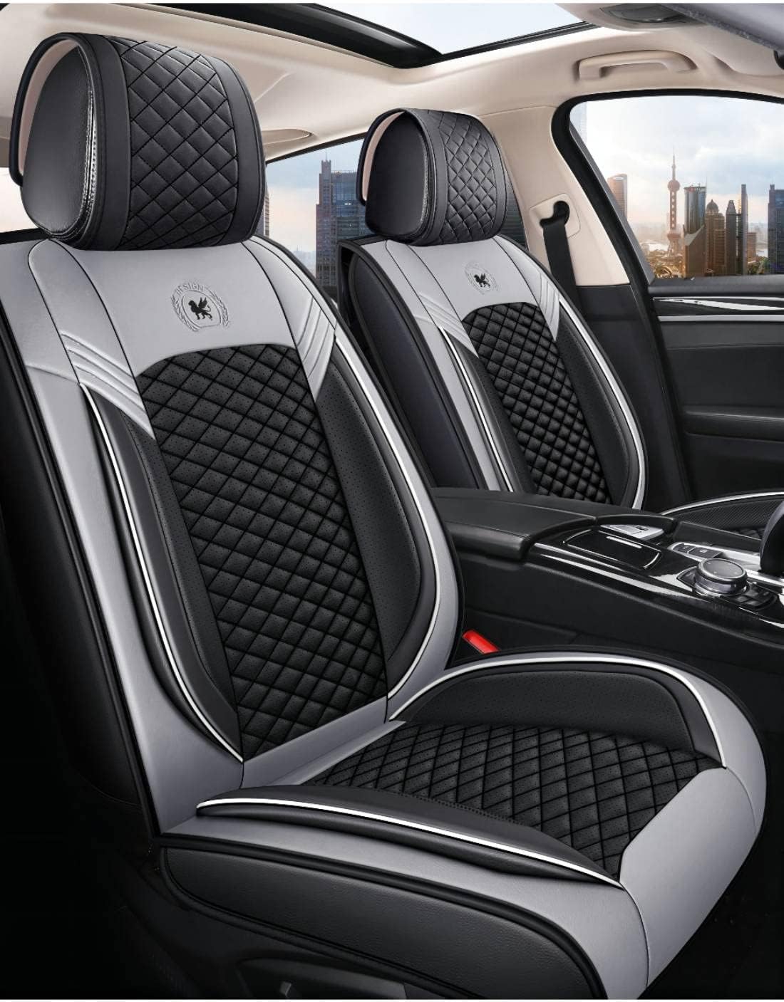 Leather Car Seat Covers 5 Seats Full Set Black-Grey V4909