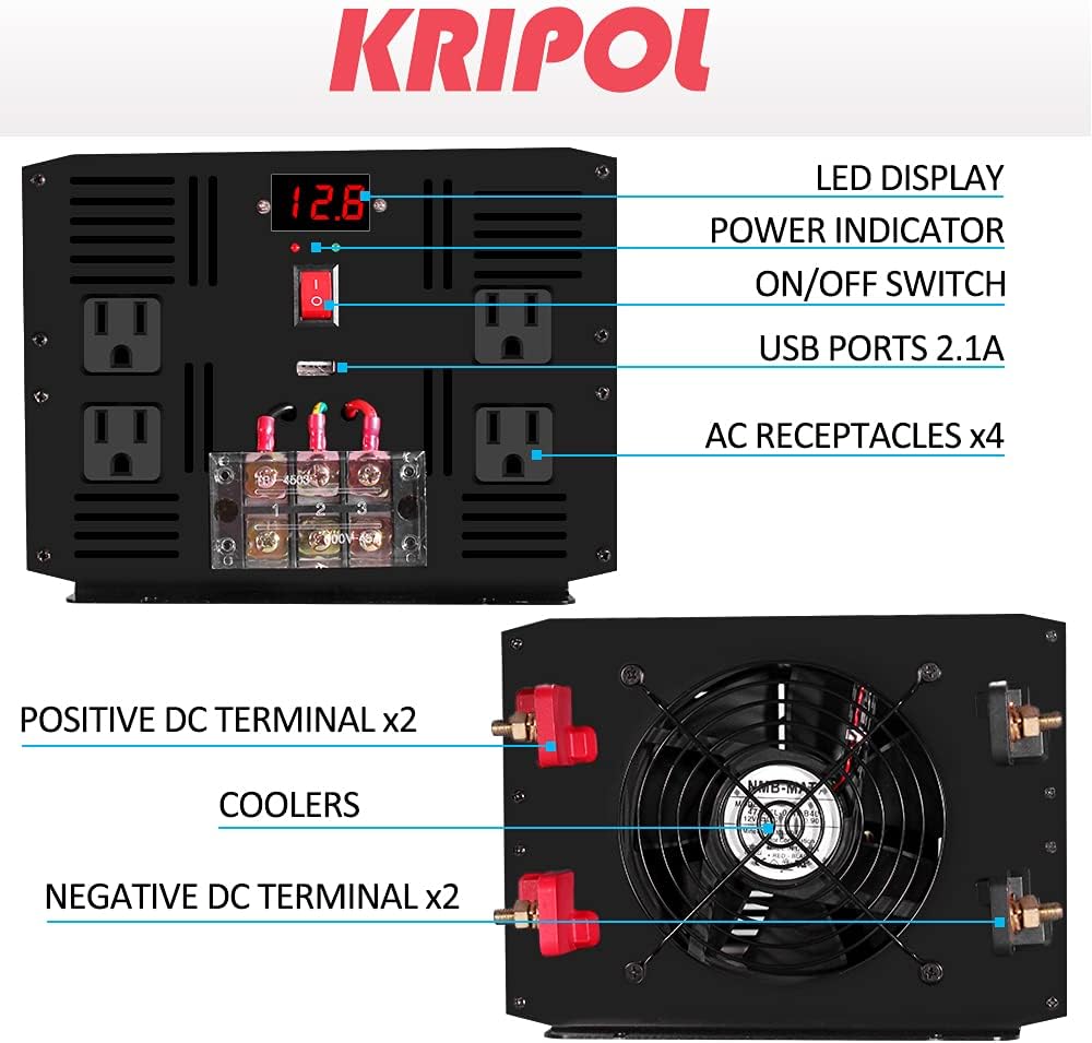 3000 Watt Pure Sine Wave Inverter 12V DC to 110V/120V AC with 4 AC Outlets & USB J6068
