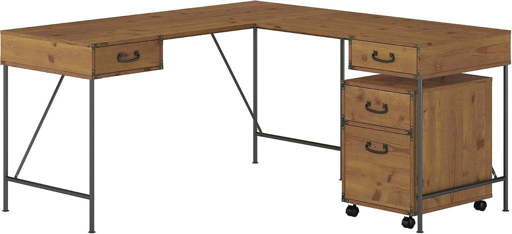 Vintage Golden Pine Writing Desk with 2 Drawer File Cabinet C160