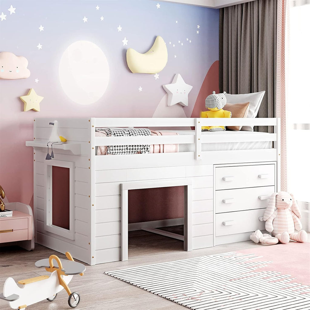 White Wood Twin Loft Bed with Storage Drawers Q5762