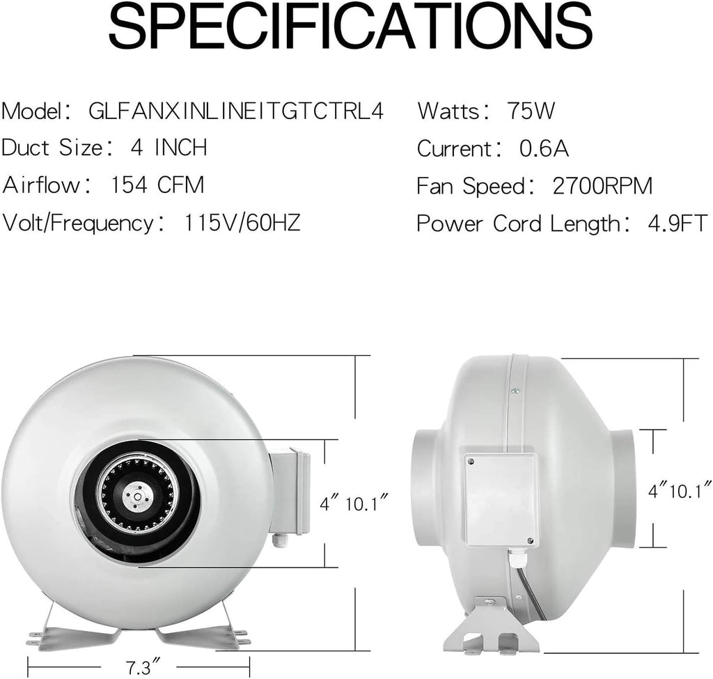 4 Inch 154 CFM Inline Ventilation Fan with Carbon Filter and Ducting Z17562