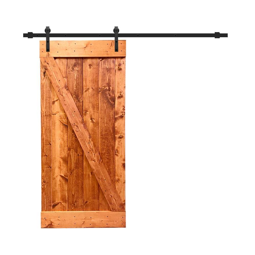24 in. x 84 in. Red Walnut Stained Solid Knotty Pine Wood Interior Sliding Barn Door with Hardware Kit W3733