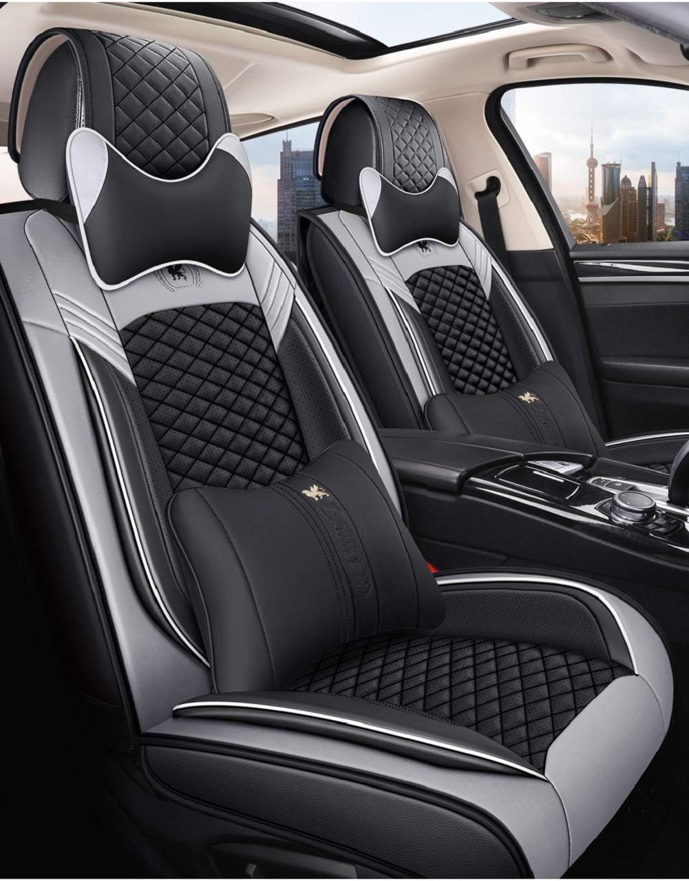 Leather Car Seat Covers 5 Seats Full Set Black-Grey V4909