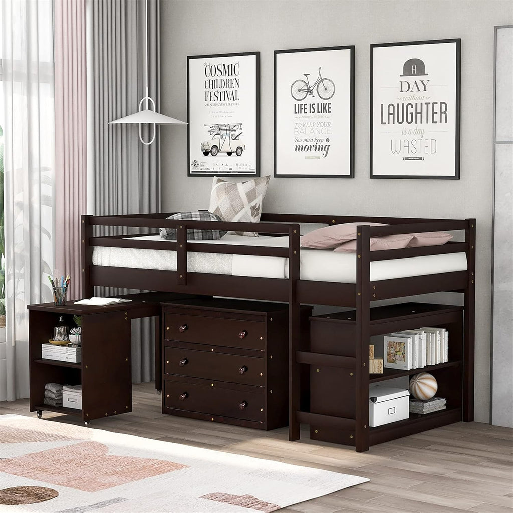White Wood Twin Loft Bed with Storage Drawers Q5762