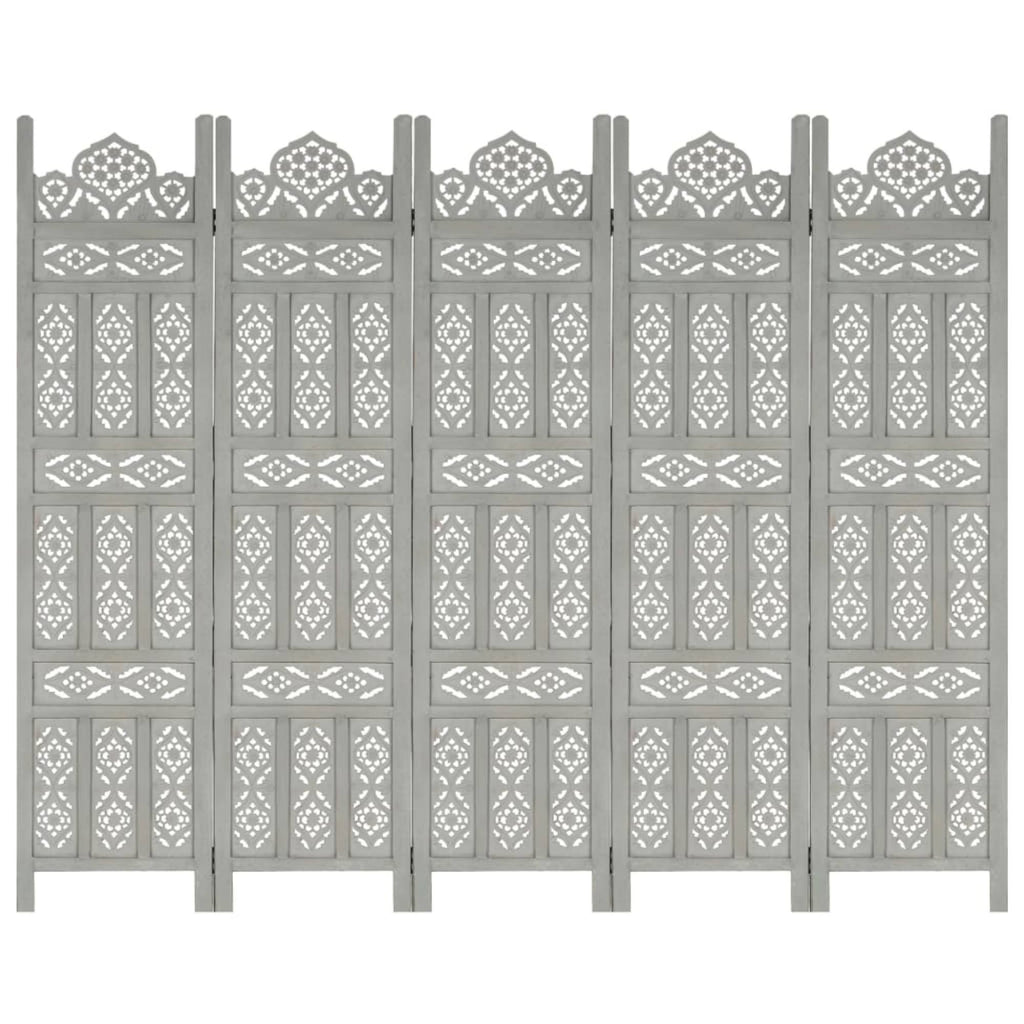 Hand Carved 5-Panel Gray Solid Mango Wood Room Divider C841