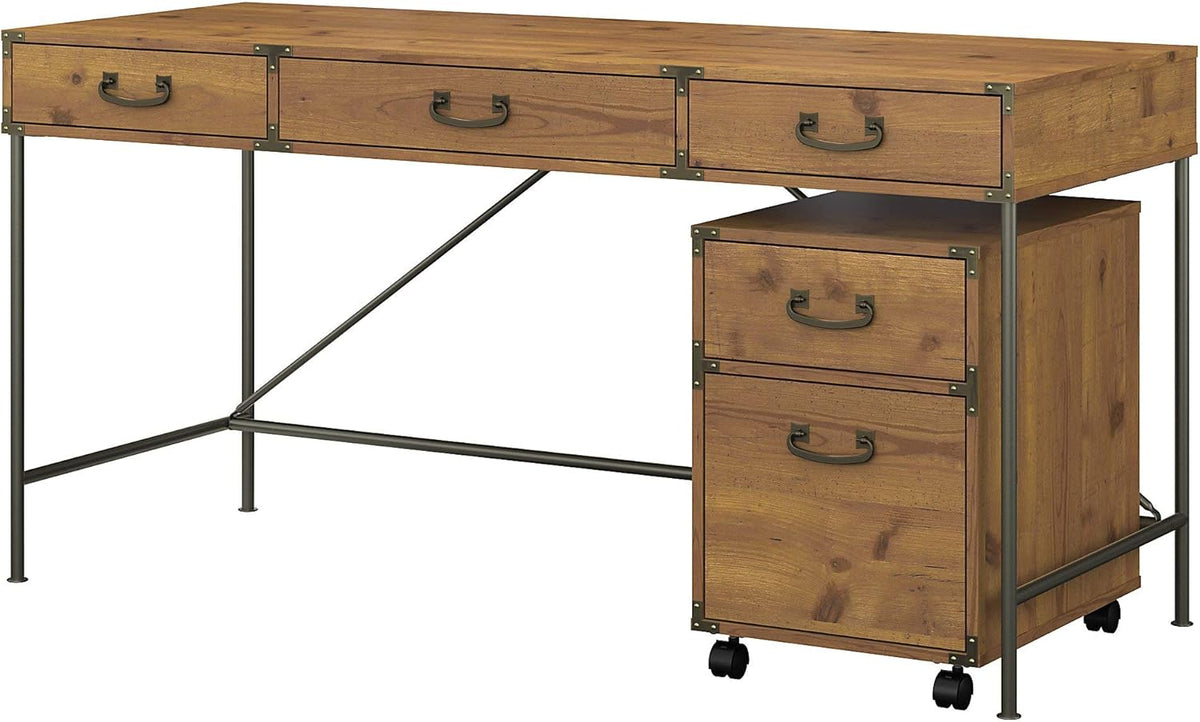 Vintage Golden Pine Writing Desk with 2 Drawer File Cabinet C160