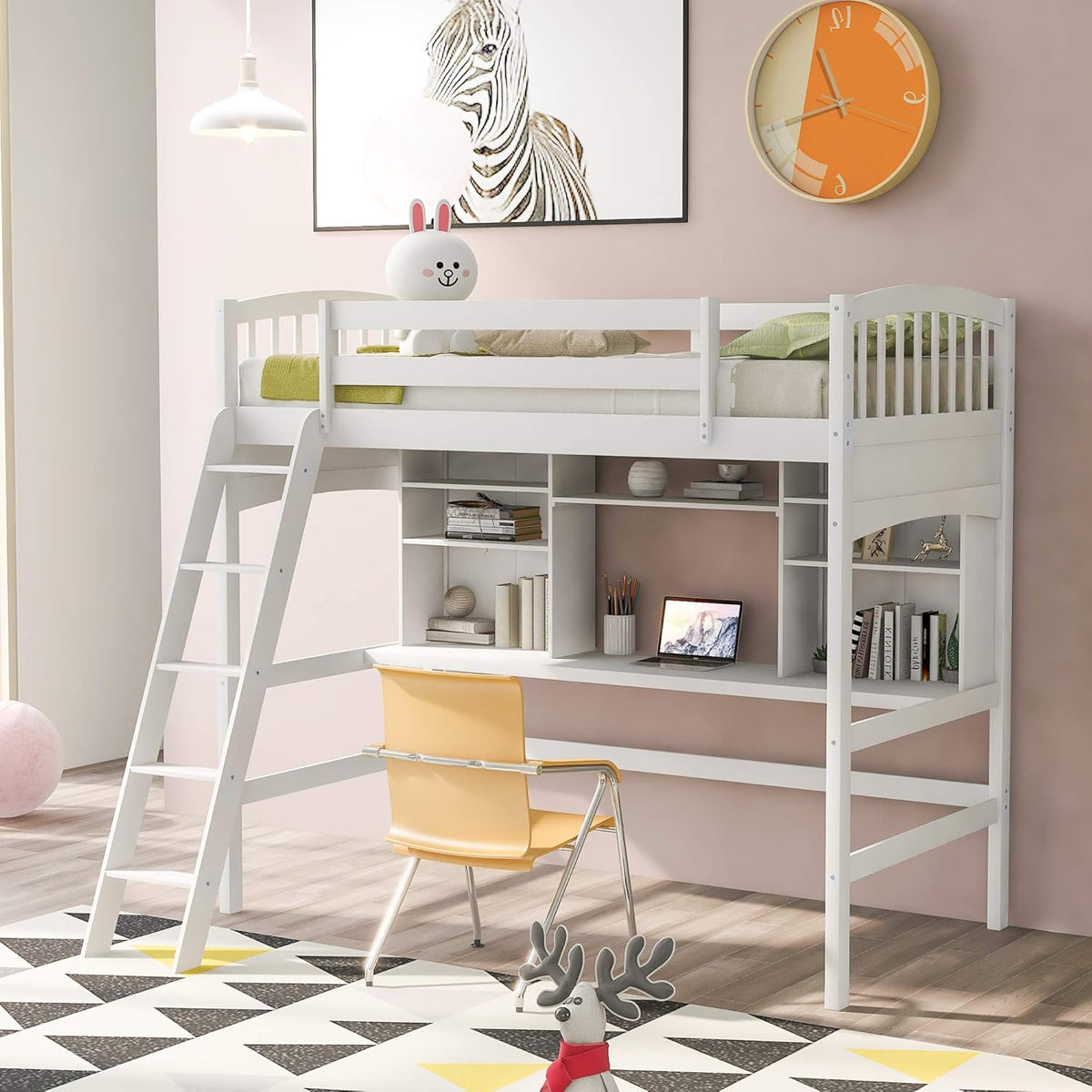 Twin Size Solid Wood Loft Bed with Desk and Storage Shelves N70158