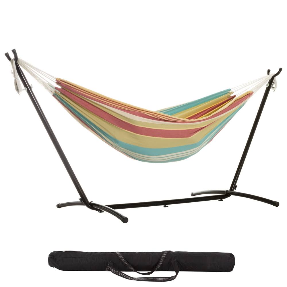 Red Orange Stripe Polycotton Hammock with Stand and Storage Bag C926