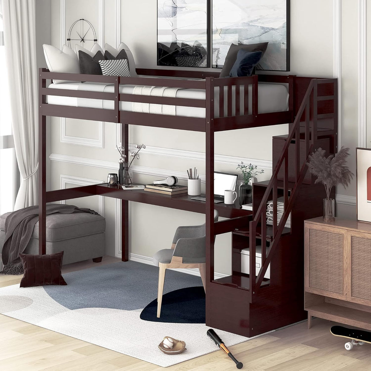 Twin Size Solid Wood Loft Bed with Desk and Storage Shelves N70158