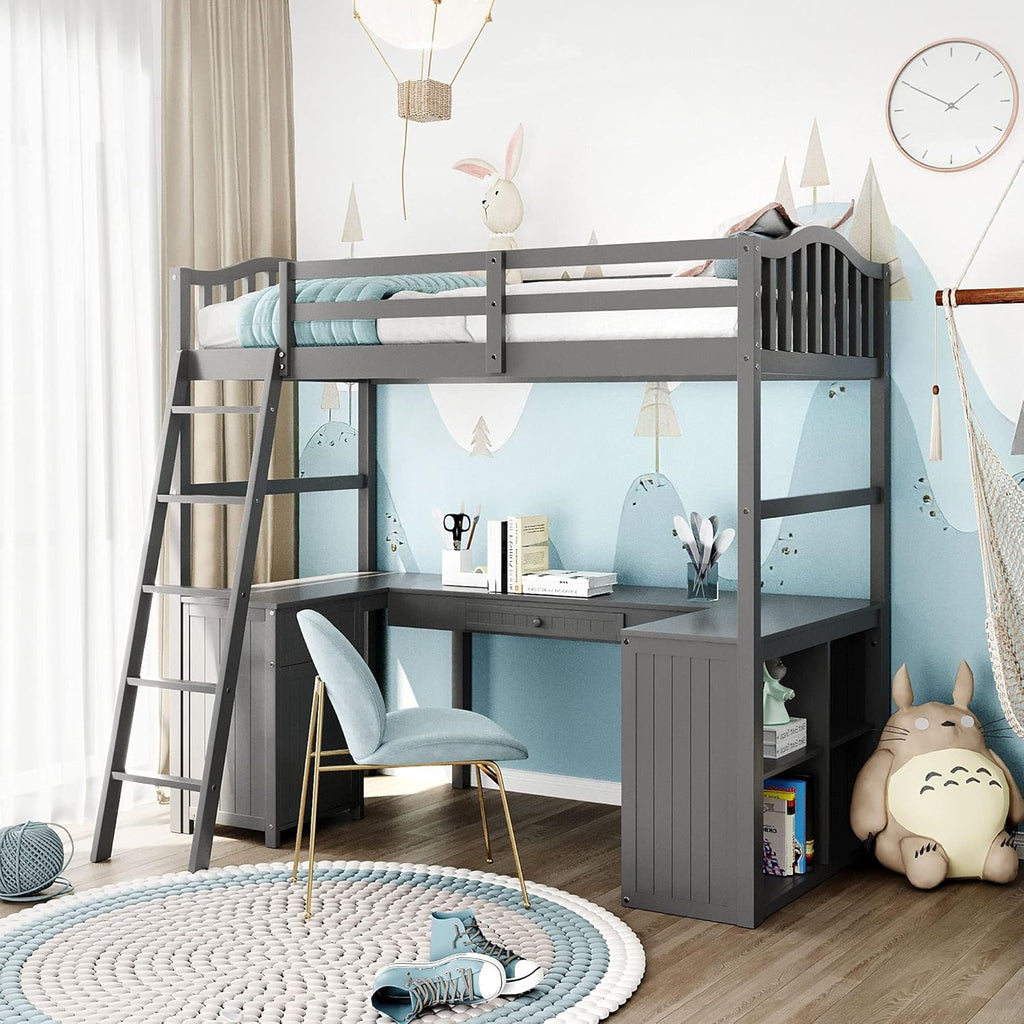 Twin Size Solid Wood Loft Bed with Desk and Storage Shelves N70158