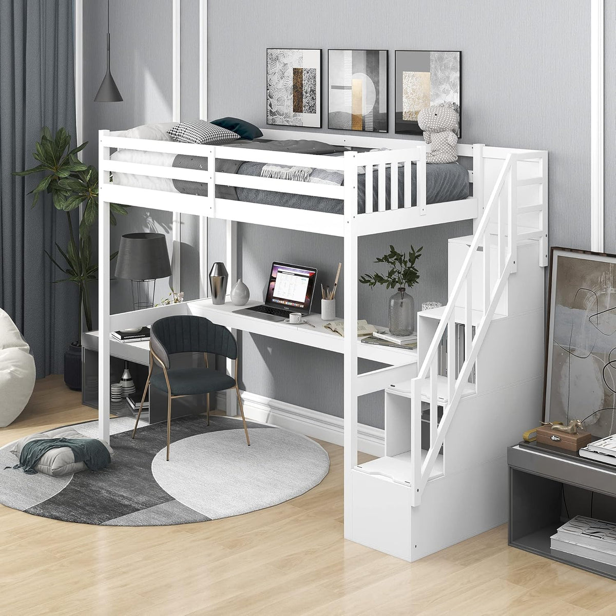 Twin Size Solid Wood Loft Bed with Desk and Storage Shelves N70158