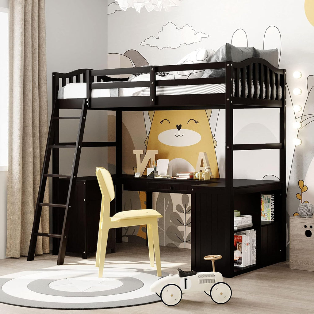 Twin Size Solid Wood Loft Bed with Desk and Storage Shelves N70158